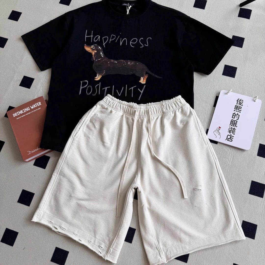 潮牌重磅纯棉破洞做旧短裤男25夏季新款宽松直筒阔腿五分裤