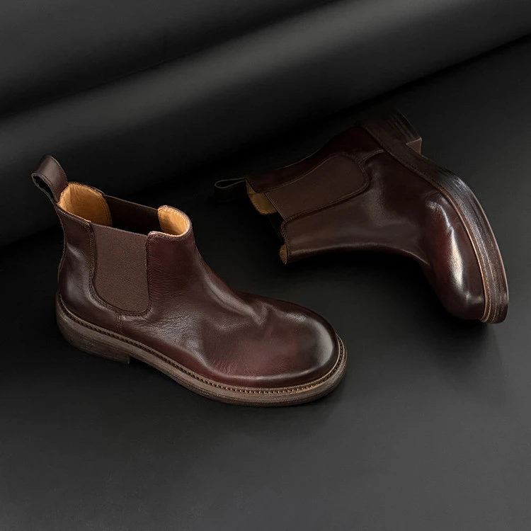 水洗牛皮切尔西靴2025秋冬新款真皮短筒女靴子中跟厚底百搭马丁靴