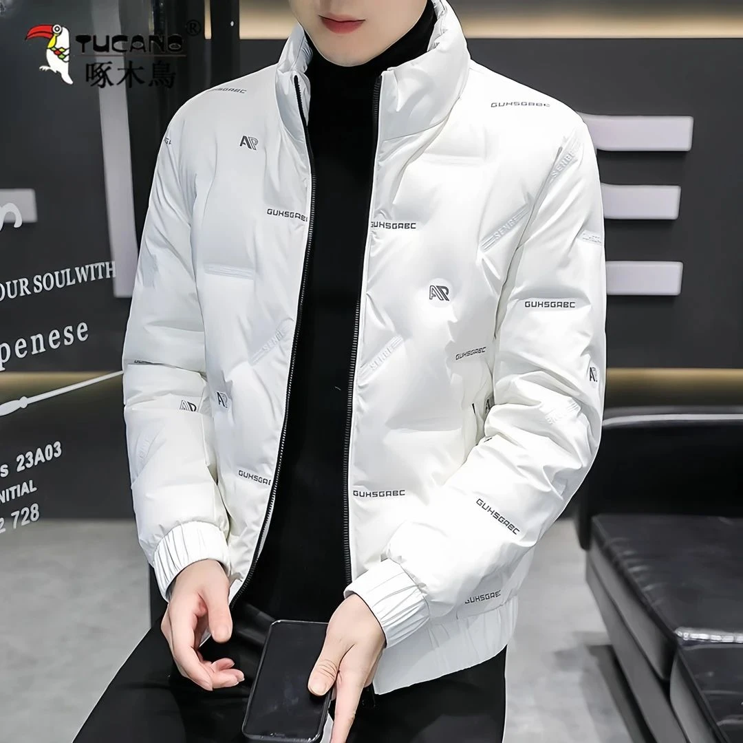 啄木鸟冬季新款时尚羽绒服男士短款立领压花保暖韩版宽松潮流外套