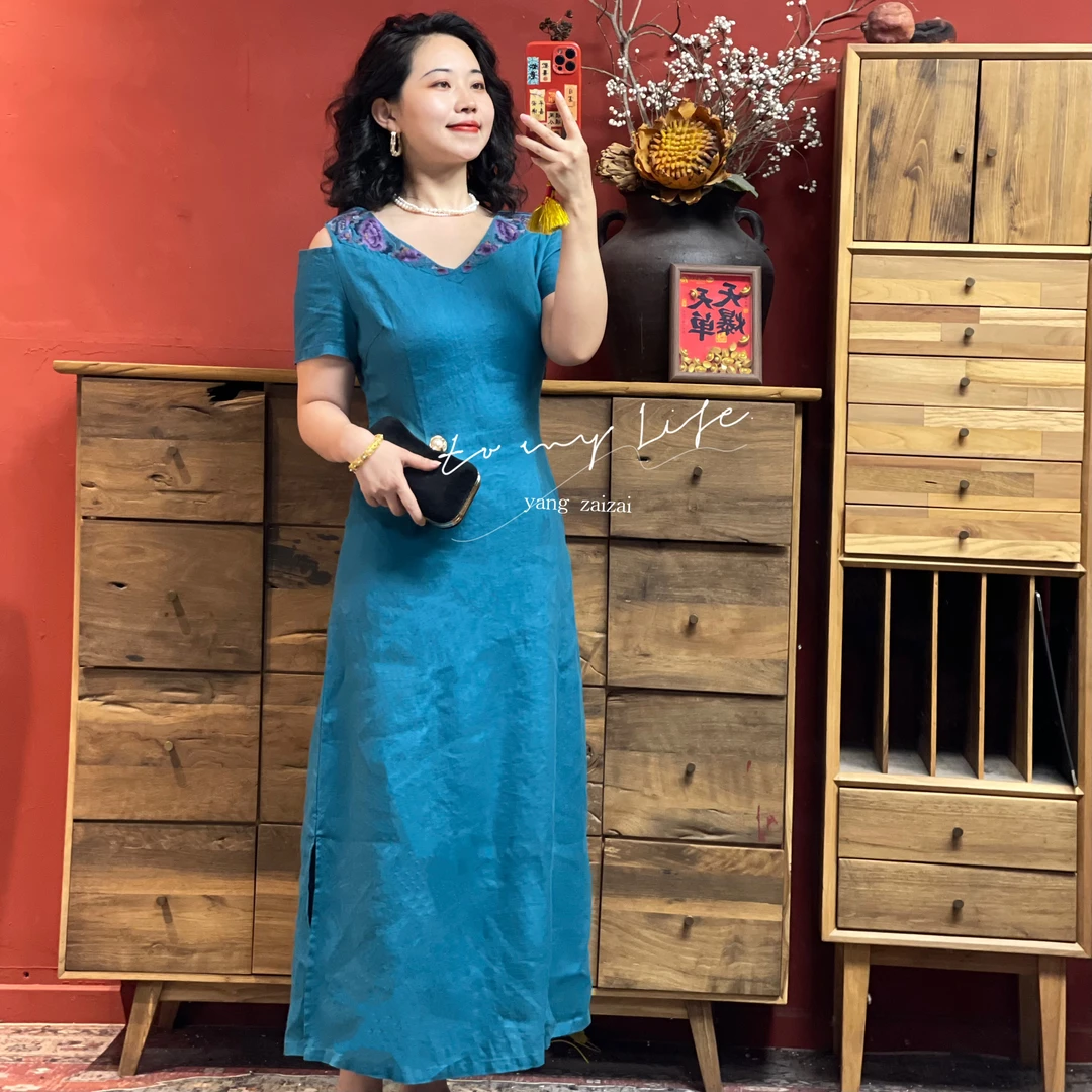 羊在在民族风亚麻连衣裙女夏洋气收腰短袖绣花长裙LYQ25YX1123