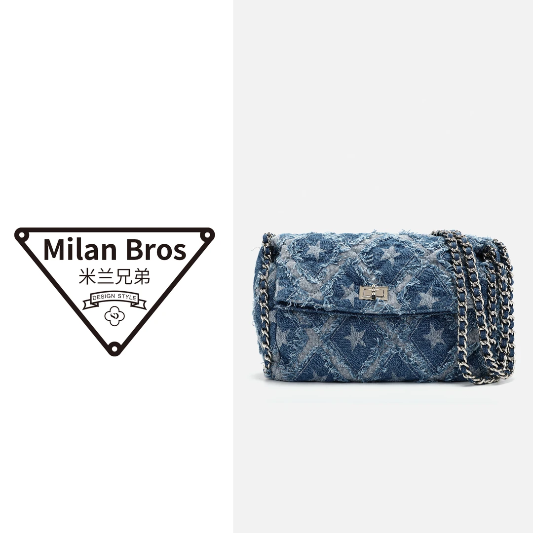 【米兰兄弟】牛仔布腋下翻盖包中蓝小号