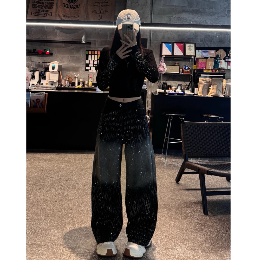 「雨落星辰」定制渐变烫钻爆闪牛仔阔腿长裤