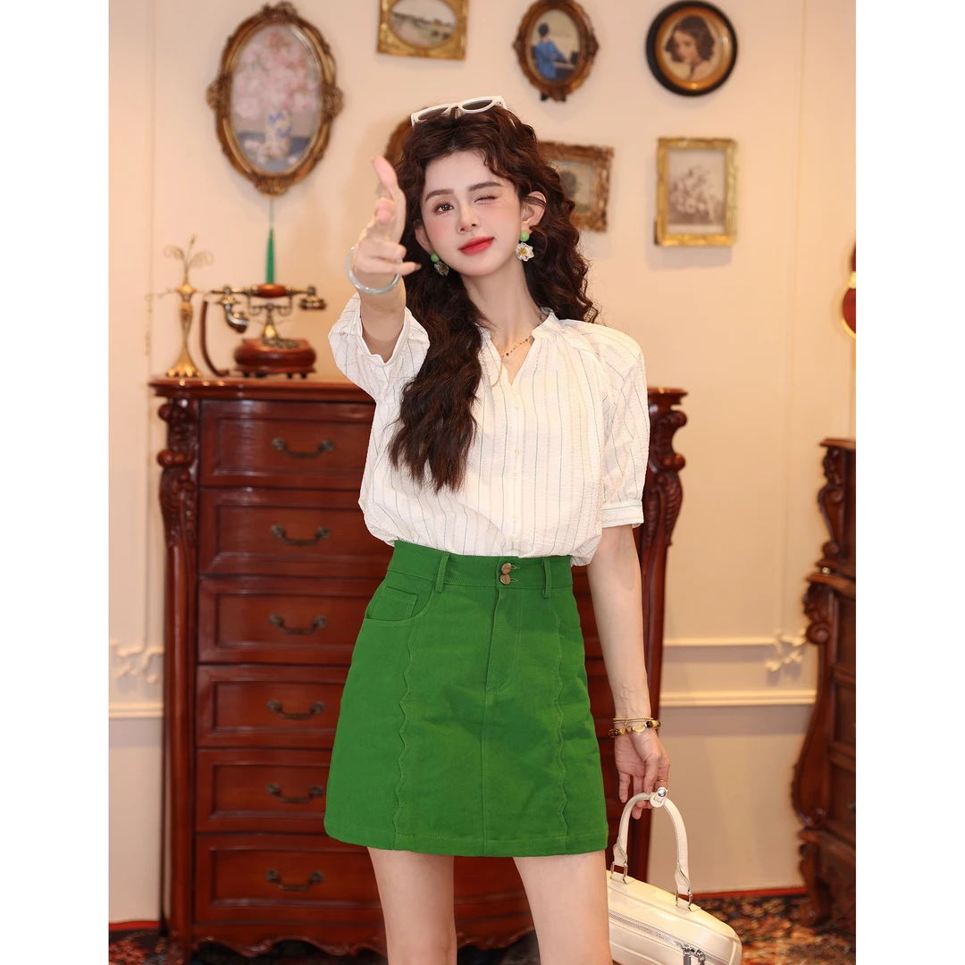 陈大器【枝上柳】复古条纹短袖夏季宽松女衬衫百搭上衣J0325969