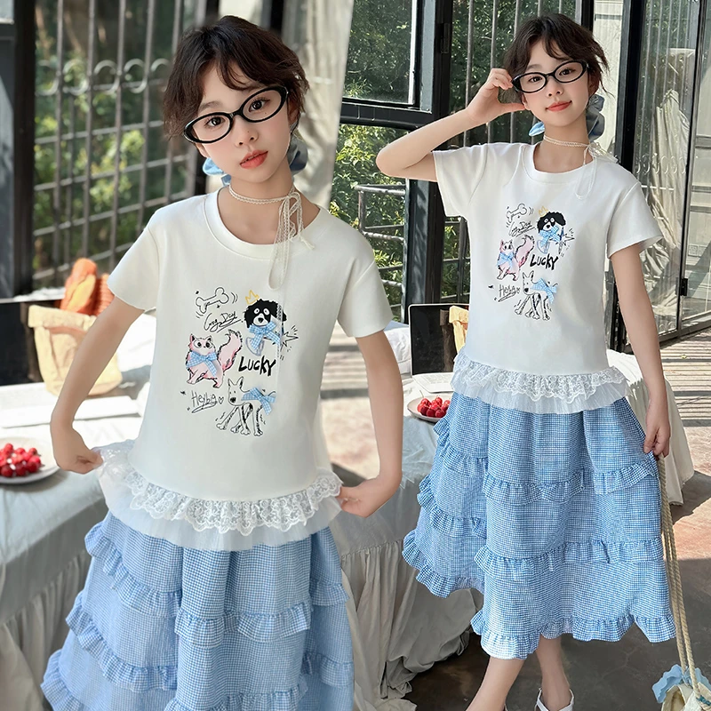 女童夏季卡通短袖T恤2025新款6-12-15岁中大童洋气薄款蛋糕半身裙