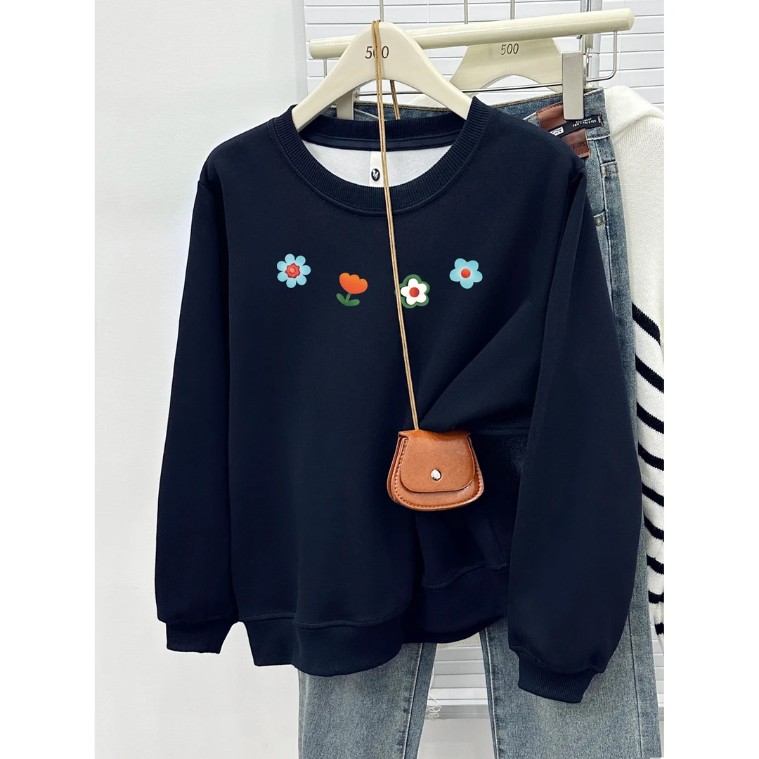 胖mm韩版减龄设计感正肩圆领卫衣女加绒加厚新款宽松大码套头上衣