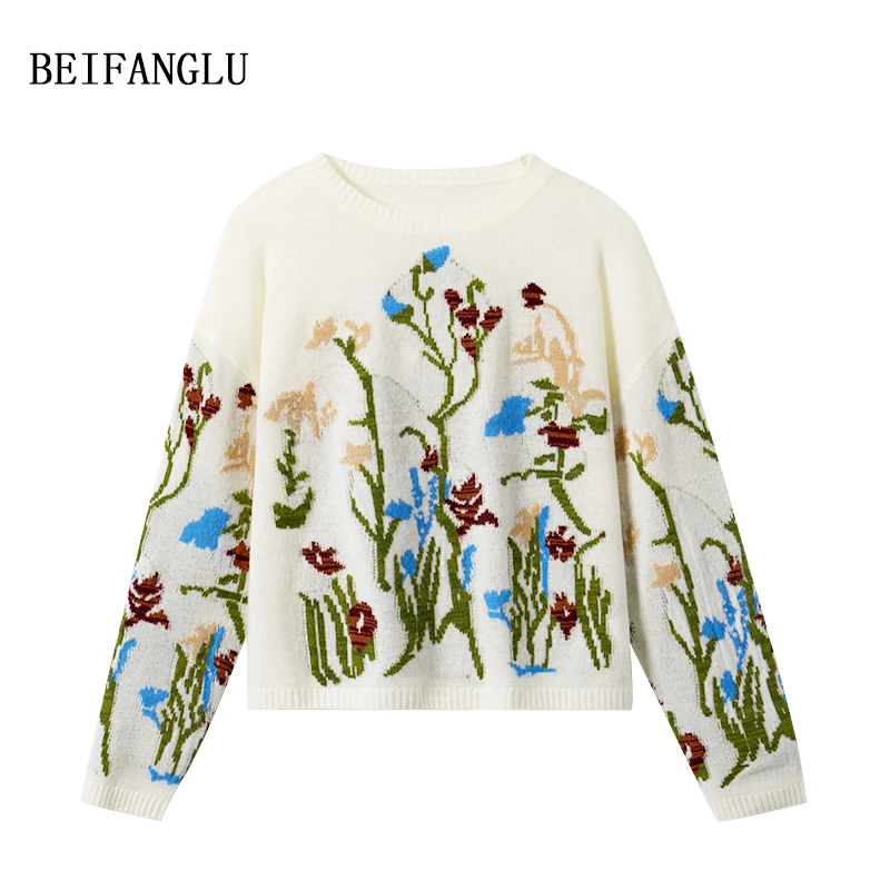 北方鹿【重工花朵钩花】100绵羊毛早秋气质提花长袖针织衫女251217
