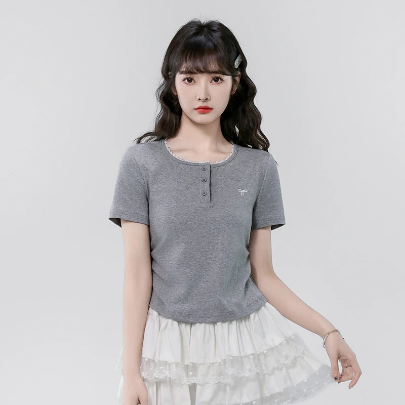 jyzy6864灰色蕾丝花边正肩短袖t恤女设计感修身收腰褶皱短款上衣