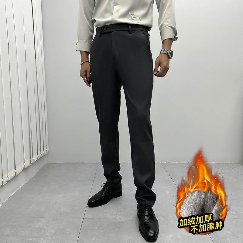 辉先生秋冬季男士加绒加厚西裤纯色休闲商务职业西装修身直筒长裤