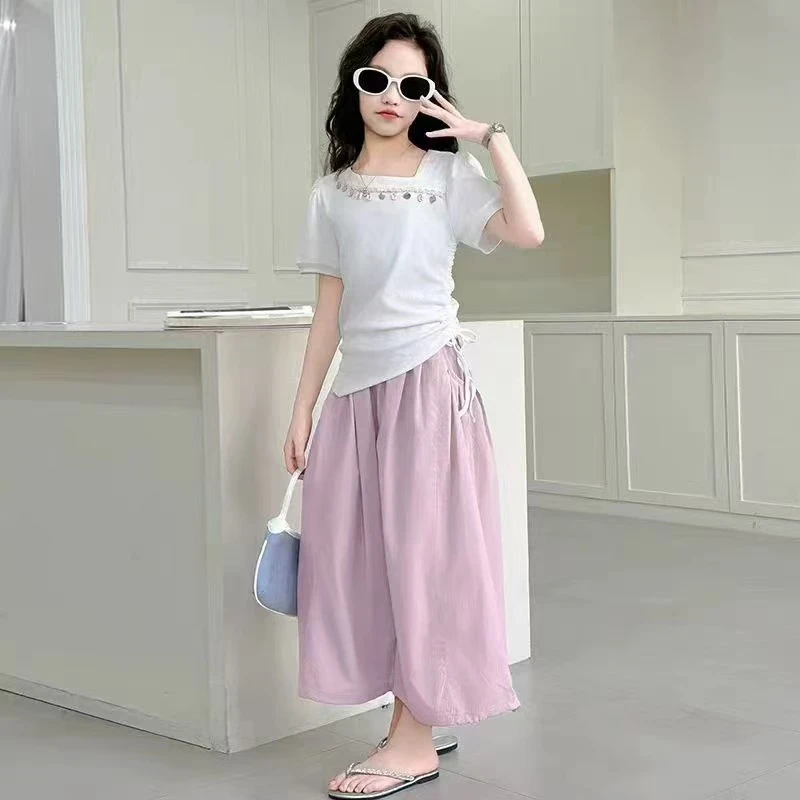 505718  女童名族风套装夏季白色花边短袖两件套