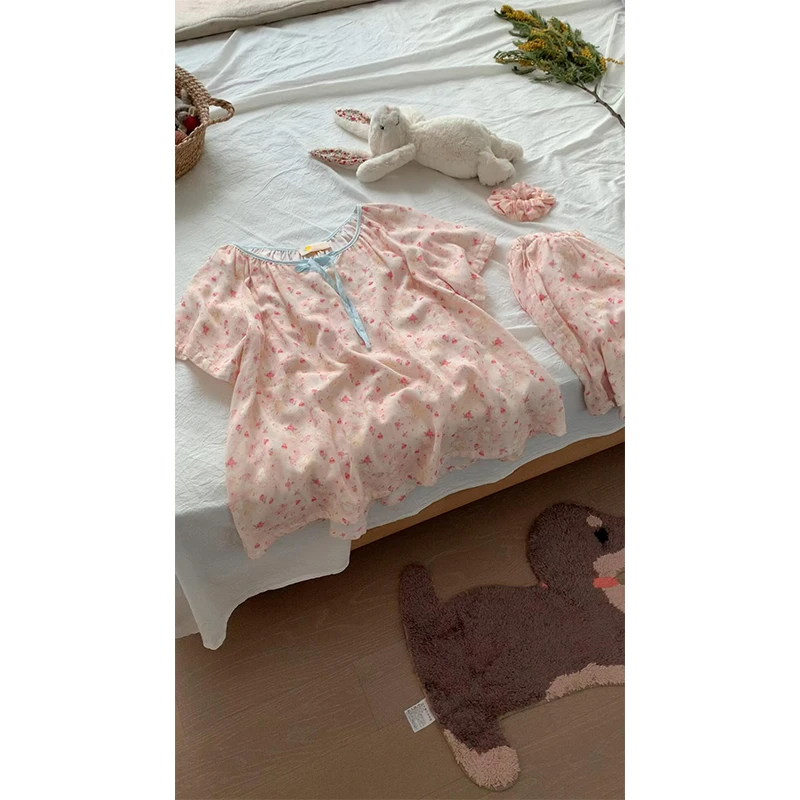 少女甜美碎花棉纱睡衣女款夏季新款大码亲肤短袖短裤家居服两件套