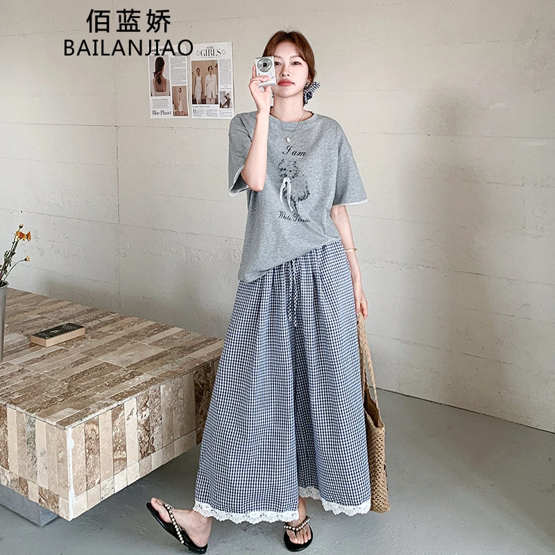 灰色休闲套装女装2025新款夏季松弛感穿搭花边T恤阔腿裤裙两件套