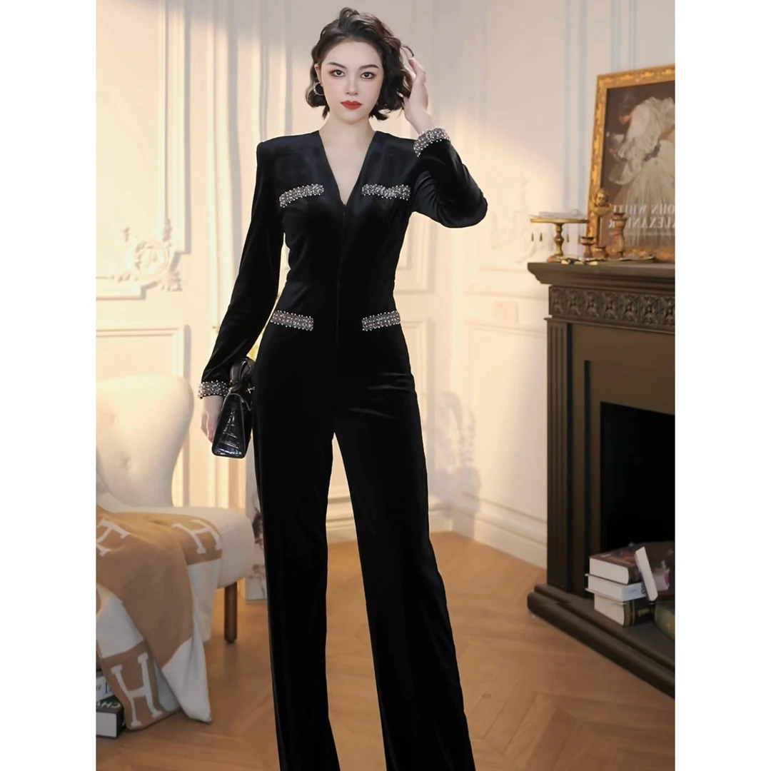 XUANYAN 秋冬丝绒黑色钉珠复古风V领修身显瘦气质连体裤