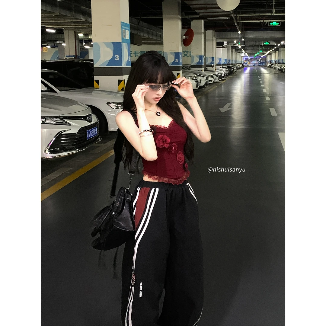 溺水三鱼【墙角玫瑰】设计感玫瑰蕾丝吊带抹胸上衣阔腿休闲裤套装