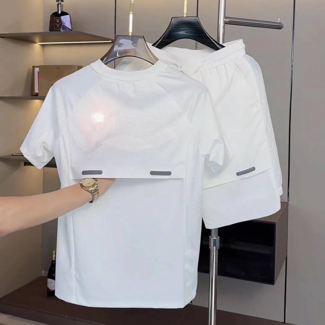 【TQUX港奢男装】夏季新款冰丝透气休闲运动套装男女款弹力速干短