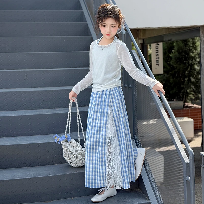 女童夏季套装2025新款洋气时尚吊带上衣格子裙子6-12岁中大童衣服