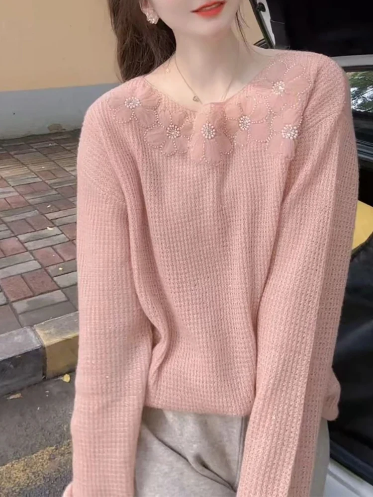设计感立体花朵长袖针织衫女2025秋季新款宽松显瘦高级感休闲上衣