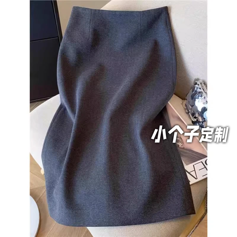 150小矮个子毛呢开叉半身裙女秋冬季复古直筒裙高腰a字包臀中长款