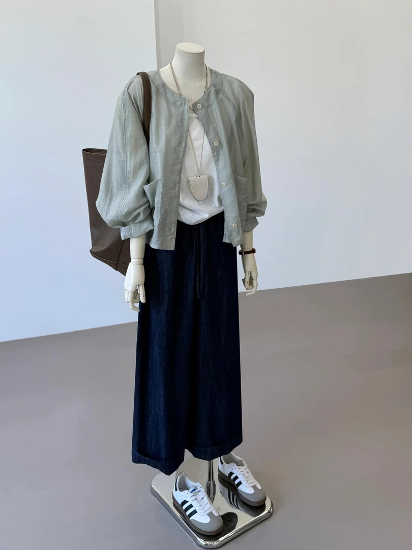 【那远山】2025夏季天丝拼接设计感单排扣轻薄防晒衬衫牛仔裤套装