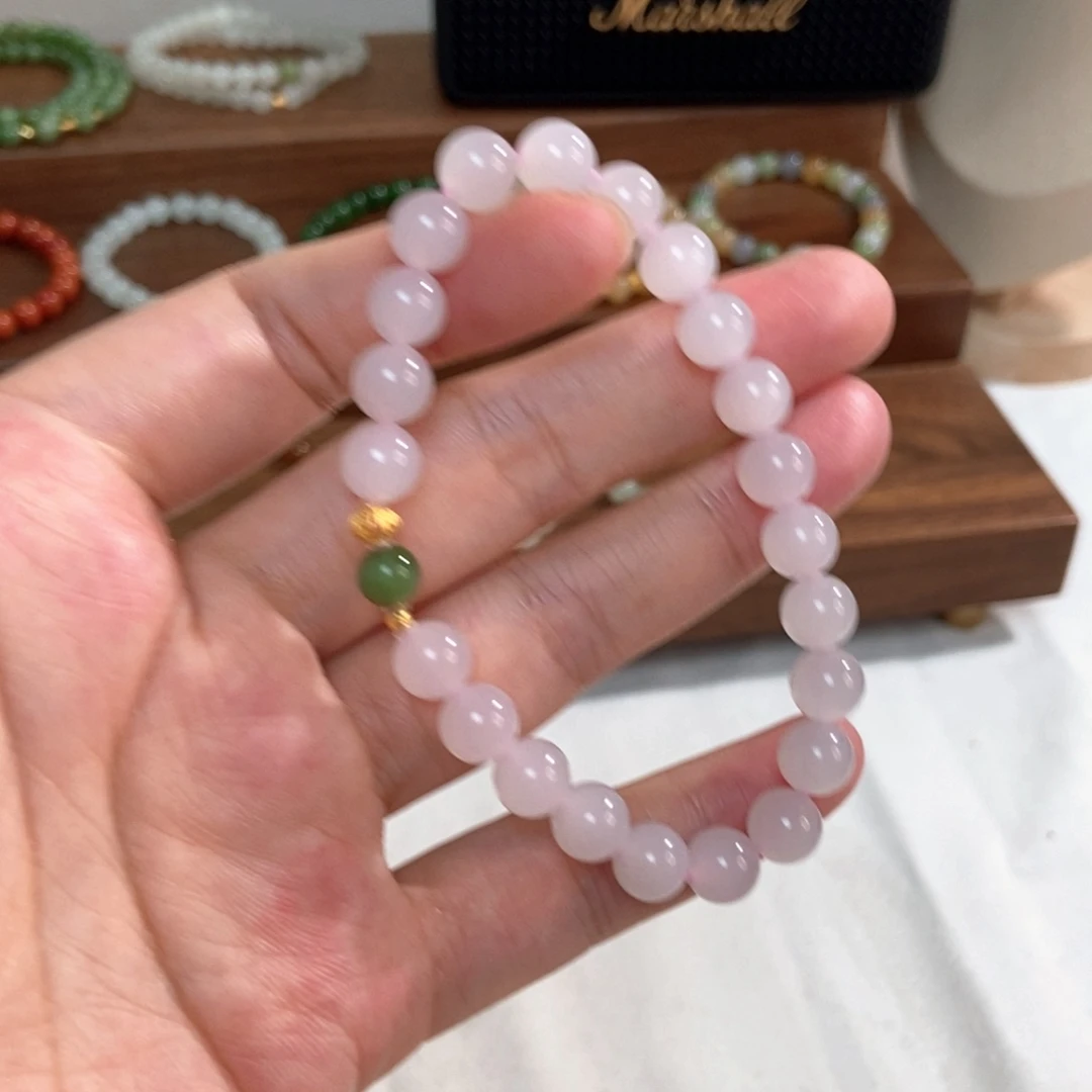 手链18K金镶嵌和田玉8mm紫粉