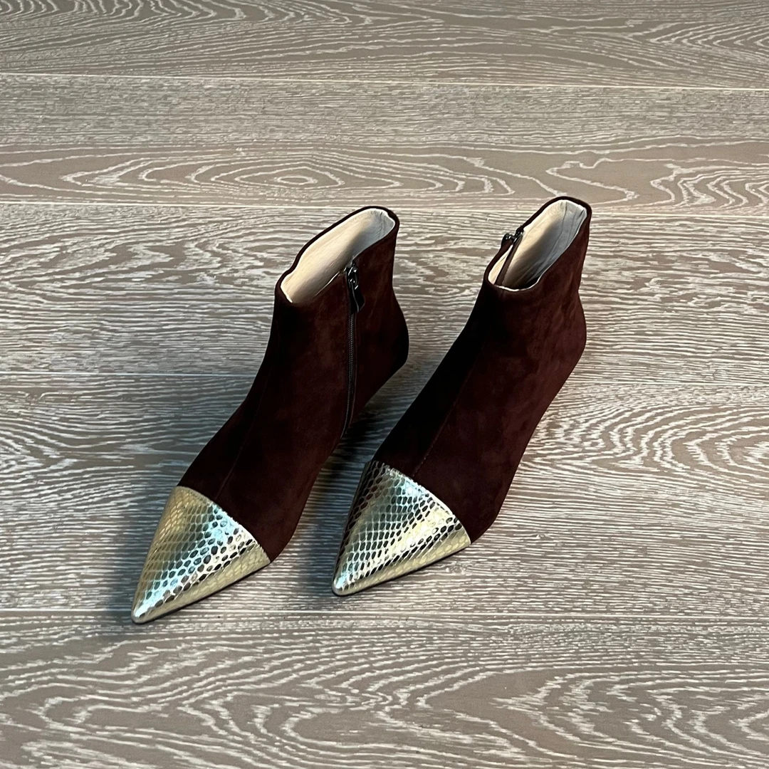 4.5CM羊翻反皮女靴细跟秋冬绒里气质女鞋冬季时装靴黑色粗跟女鞋