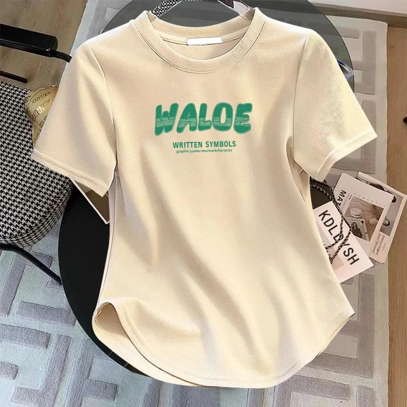 艾格棉质大码胖mm设计感圆弧下摆短袖T恤女士夏季纯欲风辣妹