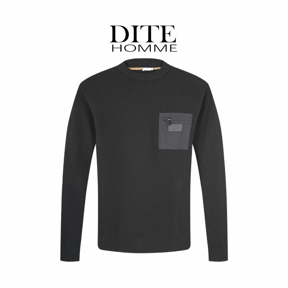 Dite迪特秋冬经典修身保暖套头长袖羊毛衫口袋装饰休闲黑色圆领