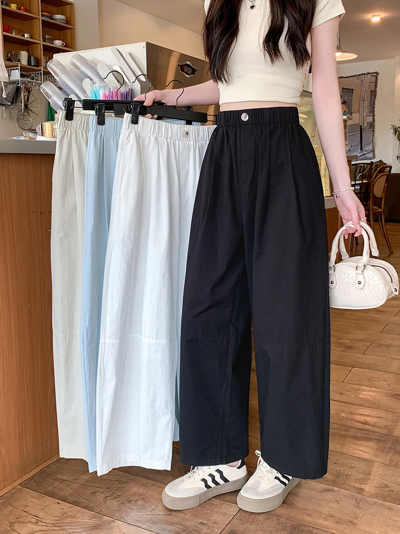 2025夏新胖mm大码女休闲百搭松紧腰阔腿九分裤弯刀裤春游出行衣服