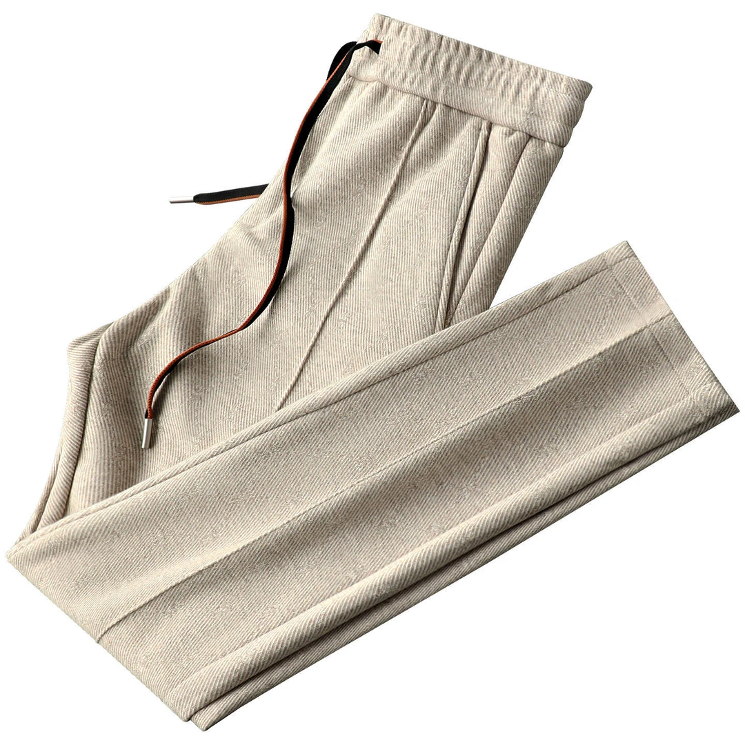 赫柏纪逸轻奢秋冬厚款燕麦色休闲裤男修身时尚小直筒裤男士运动裤