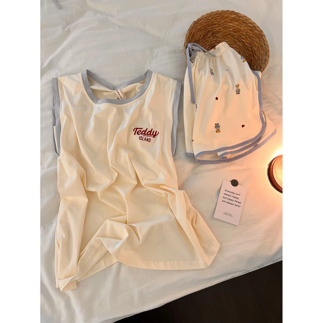 可爱泰迪熊睡衣女士温柔治愈风夏款舒适无袖背心短裤家居服两件套