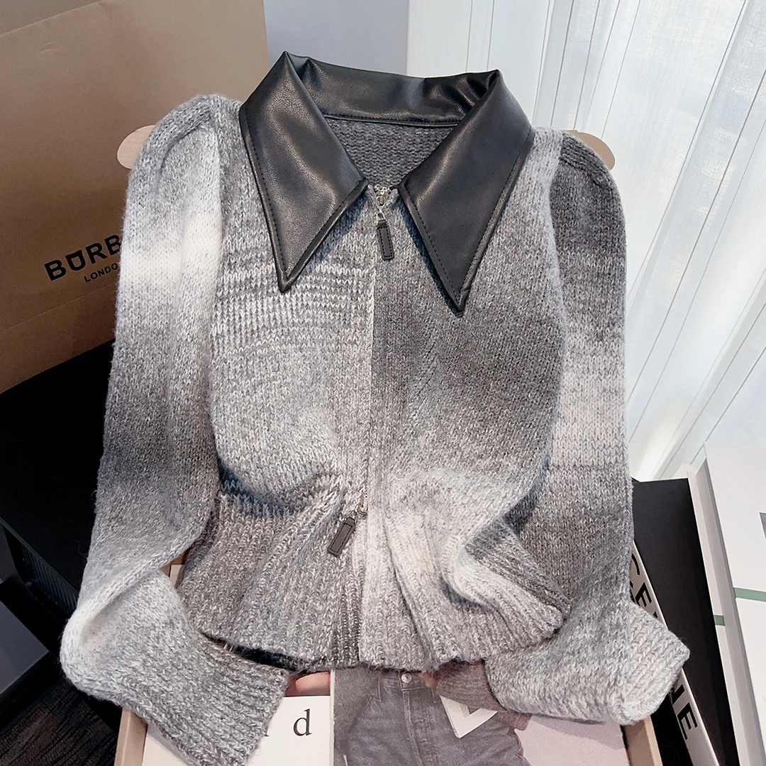 欧货高级感皮polo领拼接毛衣外套女秋冬复古慵懒短款针织开衫上衣