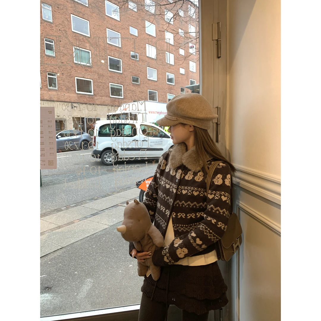 4DEEMO"织梦岛"澳毛费尔岛复古提花针织开衫/针织半裙套组 WZ3523