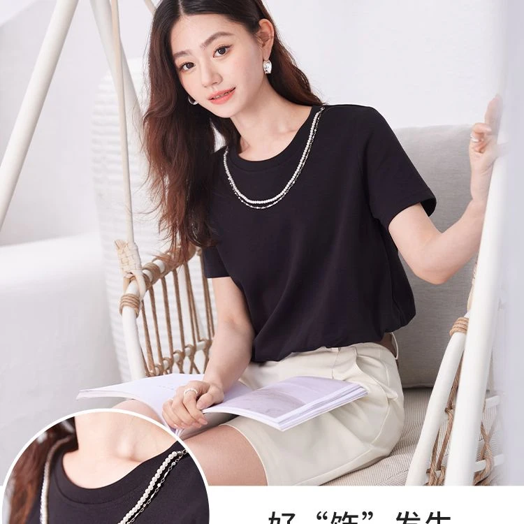 【小余专属】X842023 T恤 香影圆领正肩女短袖夏季新款设计感链