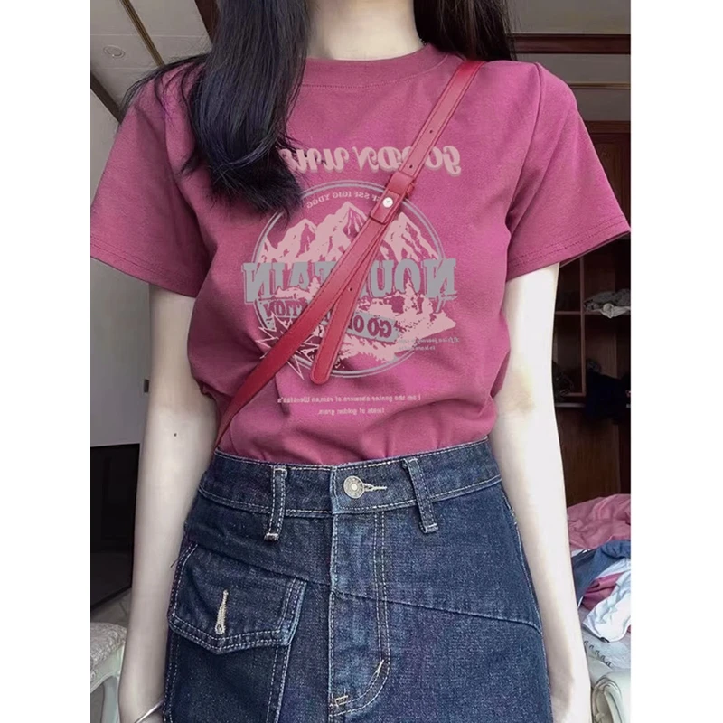 美式女装2025新款短袖t恤女正肩夏季体恤洋气独特别致绝美小上衣