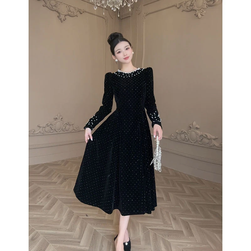 显瘦气质长袖高贵小黑裙黑色名媛宴会连衣裙21632