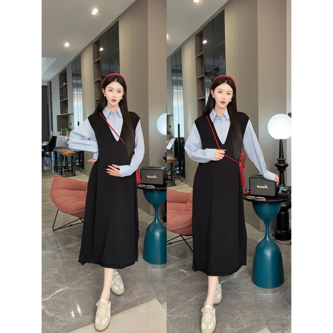 2025新款秋季韩版针织背心显瘦V领背心长裙+条纹衬衫两件套套装