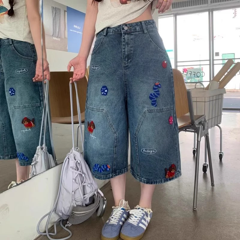 微胖mm美式刺绣卡通小狗牛仔裤女夏季新款洗水宽松直筒休闲七分裤