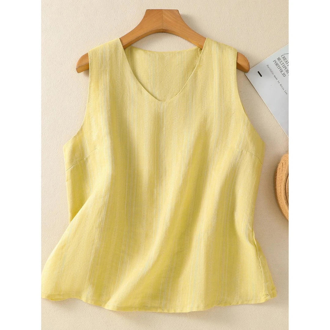 文艺休闲棉麻V领背心女夏季外穿轻薄透气无袖套头打底衫麻料上衣