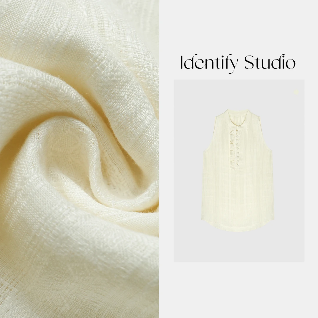 IDENTIFY"谜语"夏季上新百搭木耳边排扣圆领无袖细纹亚麻马甲25SS