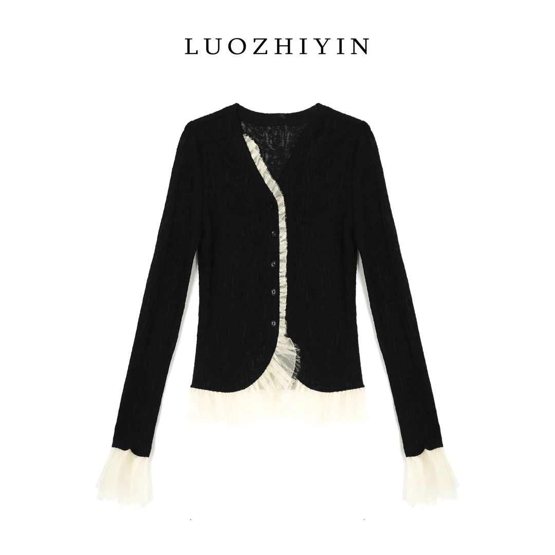 LUOZHIYIN/罗知音T512293TF修身V领拼色针织衫气质衬衫