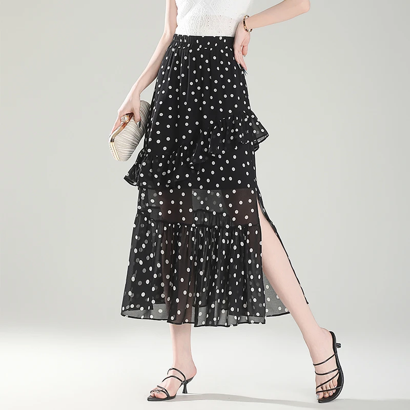 黑色裙子蛋糕裙女夏季2025新款a字裙荷叶边波点裙长款雪纺半身裙