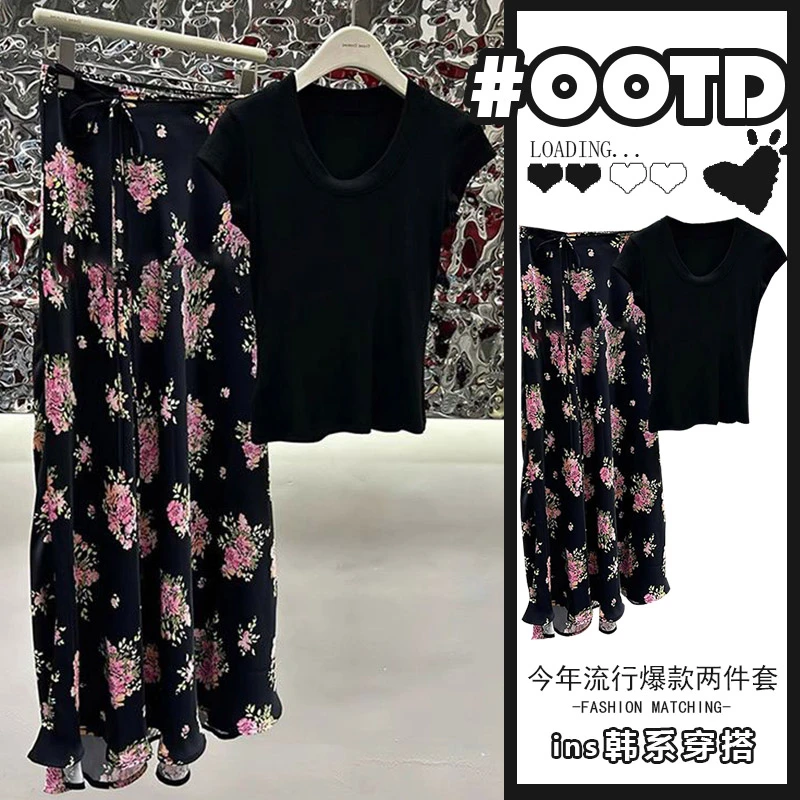 2025夏季新款法式赫本风黑色碎花半身裙修身圆领短袖T恤两件套女