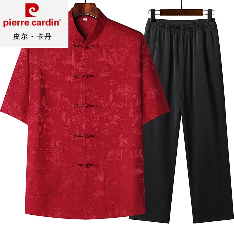 皮尔卡丹2023新款唐装男夏季爸爸冰丝短袖礼服祝寿喜庆中老年提花