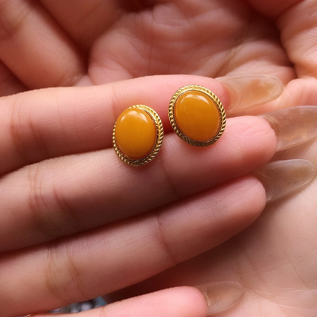 银S925镶嵌蜜蜡耳饰耳钉
