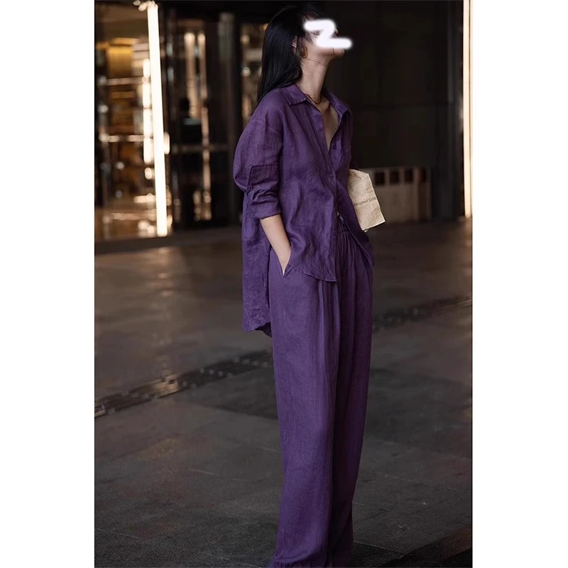紫色亚麻衬衫套装女夏季度假穿搭高级松弛感随意慵懒风棉麻两件套