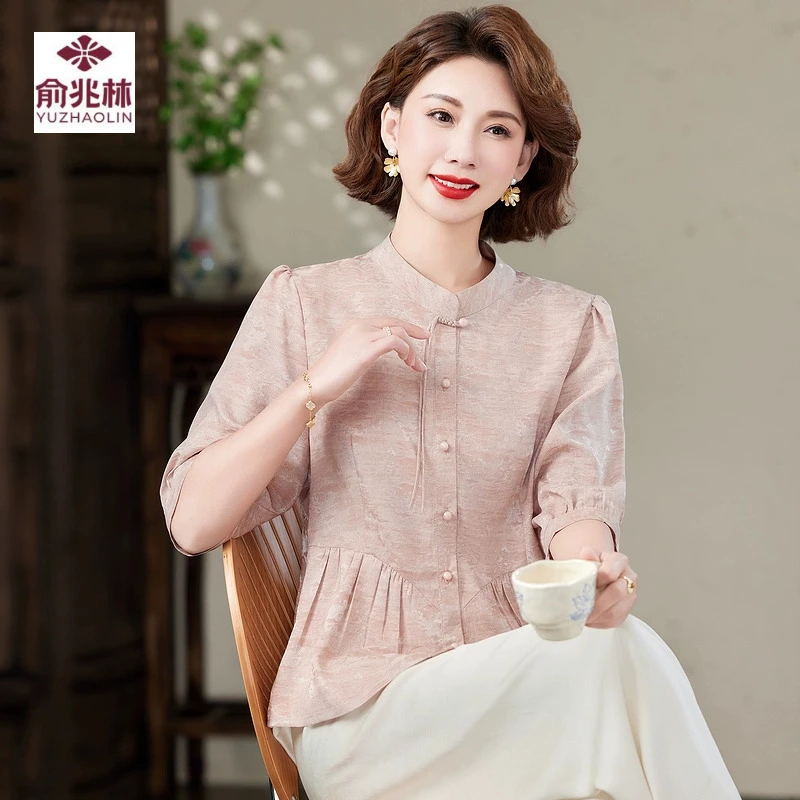 新中式妈妈夏装套装短袖雪纺小衫2025新款衬衫中老年女装夏季上衣