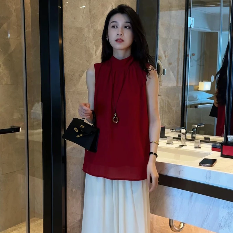 宽松遮肉显瘦无袖上衣阔腿裤两件套女夏季新款时尚洋气质雪纺套装