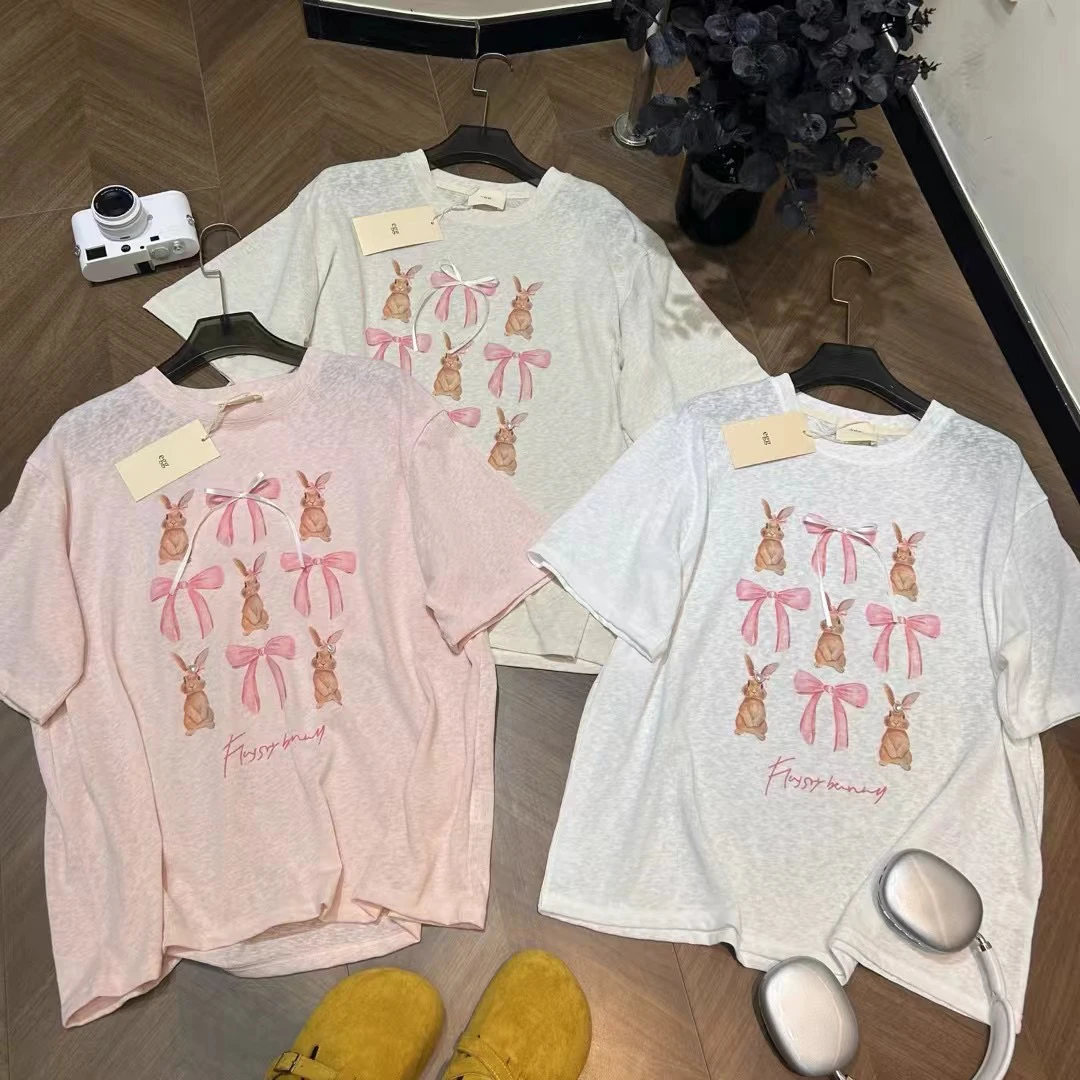蝴蝶结小兔子 卡通短袖T恤女2025夏季新款圆领上衣