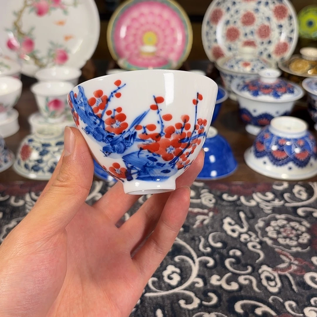 手绘釉下彩鸡心杯