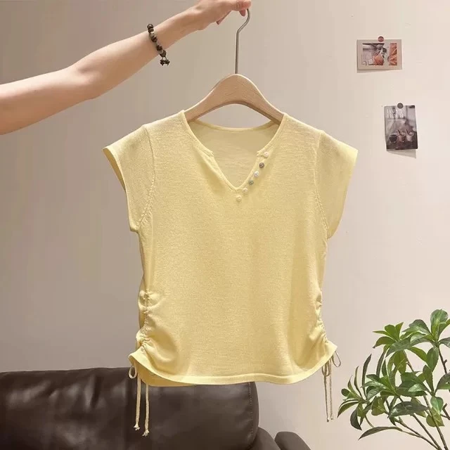 竹节麻V领减龄复古短袖针织女夏季新款薄款抽绳褶皱收腰显瘦上衣