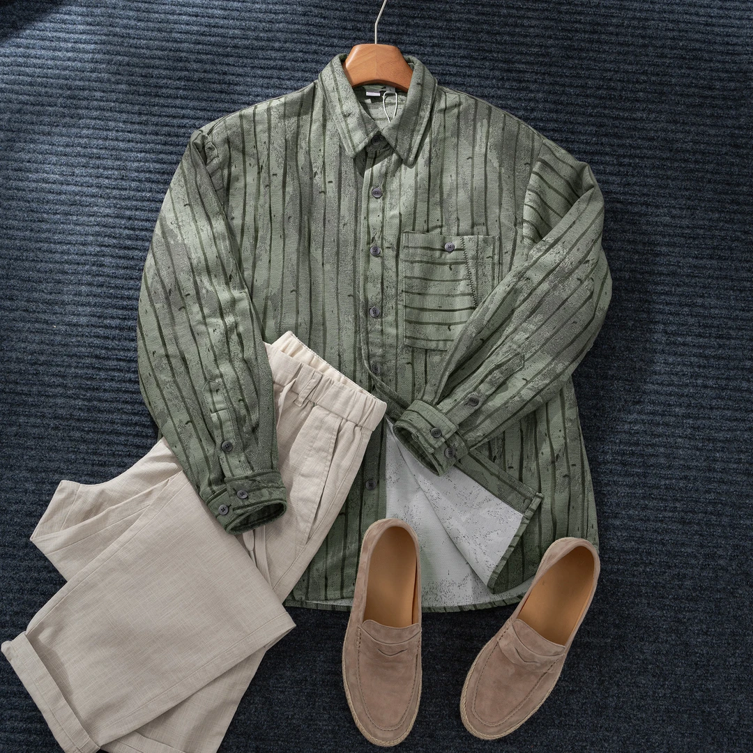 棉麻老吴 【宽松版】印花宽松型翻领男多口袋秋季夹克垂钓衬衫外套